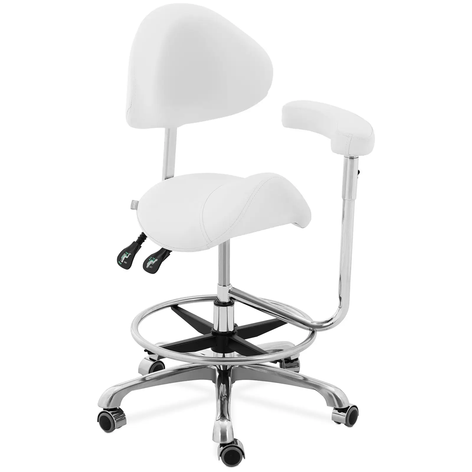 Sadelstol med rygg- och armstöd - Höjdjusterbart ryggstöd och säte - 51–61 cm - 150 kg - Vit