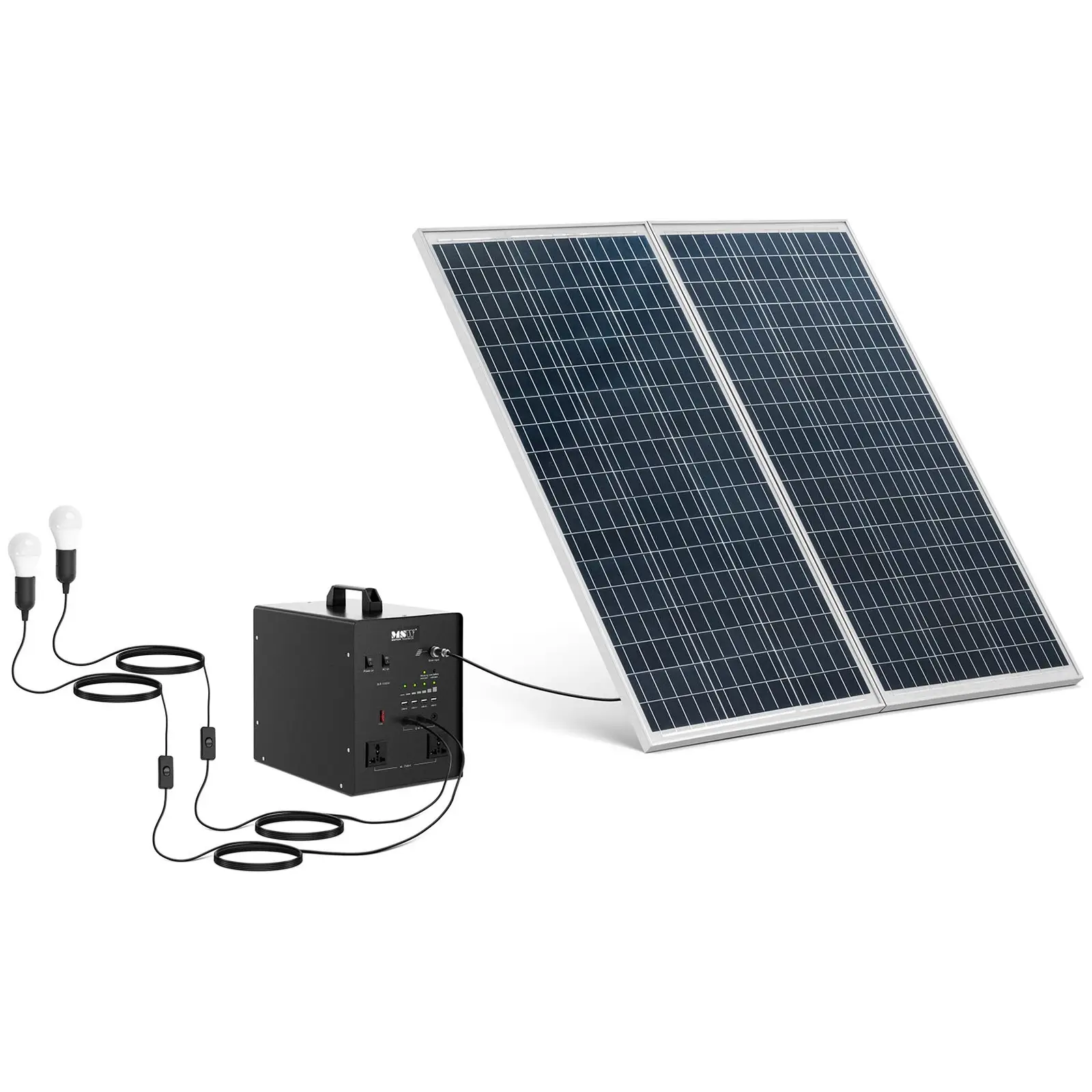Powerstation med solceller och växelriktare - 1000 W - 5 / 12 /230 V - 3 LED-lampor