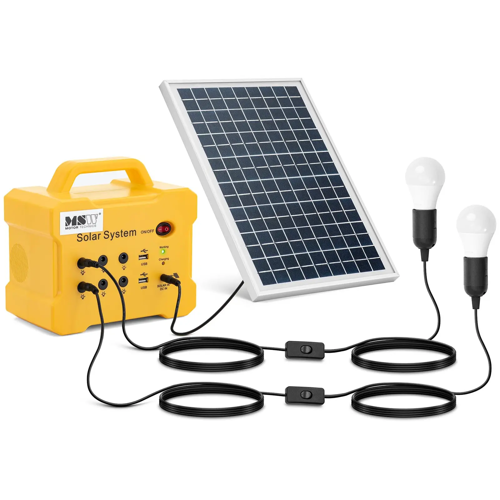 Powerstation med solceller och 2 LED-lampor - 10 W - 12 V