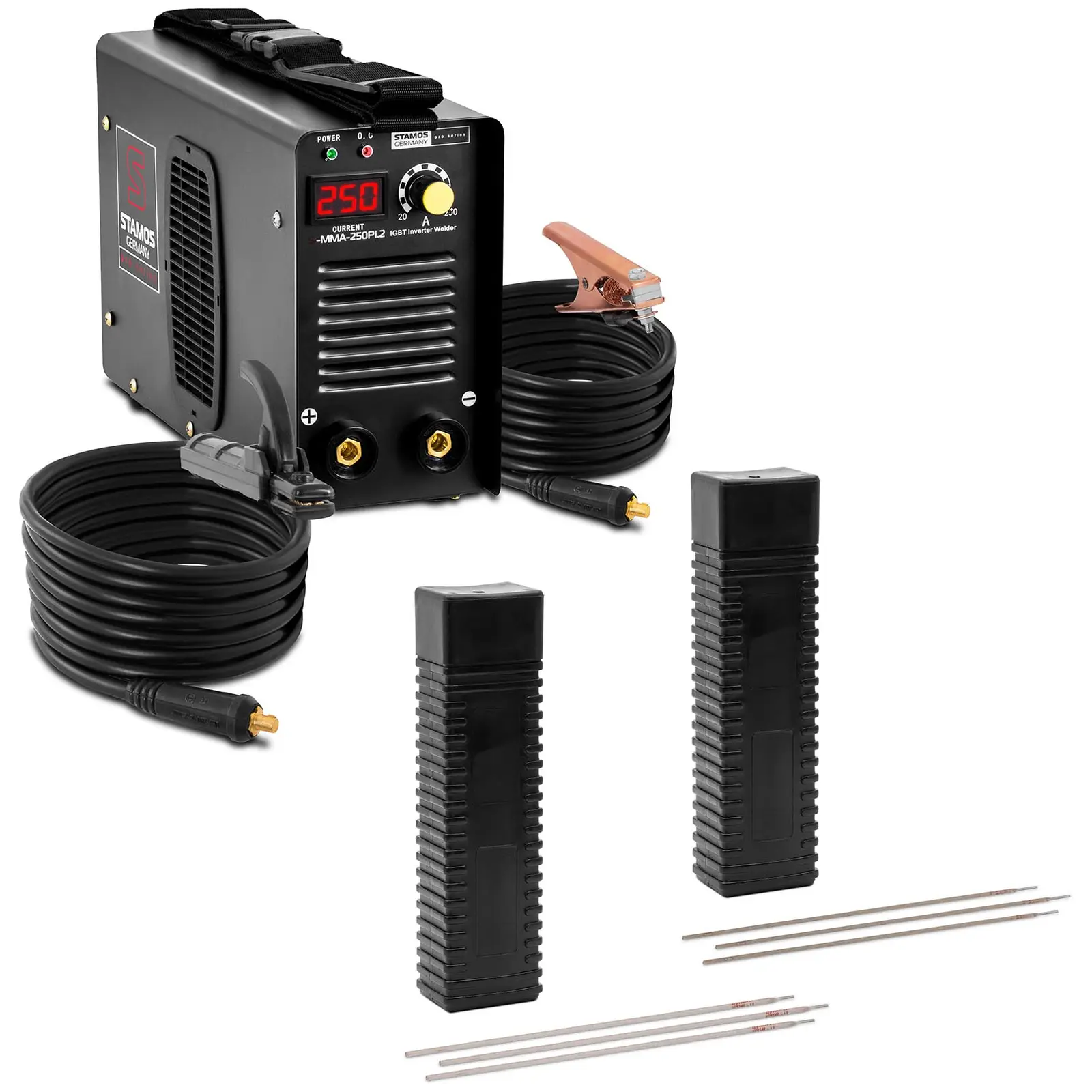 Svetsset elektroder svetsmaskin - 250 A - 8 m kabel - 60% arbetscykel - elektroder - E6013 - Ø 2 x 300 mm - 5 kg & E316L-17 - 2,5 x 350 mm - 5 kg